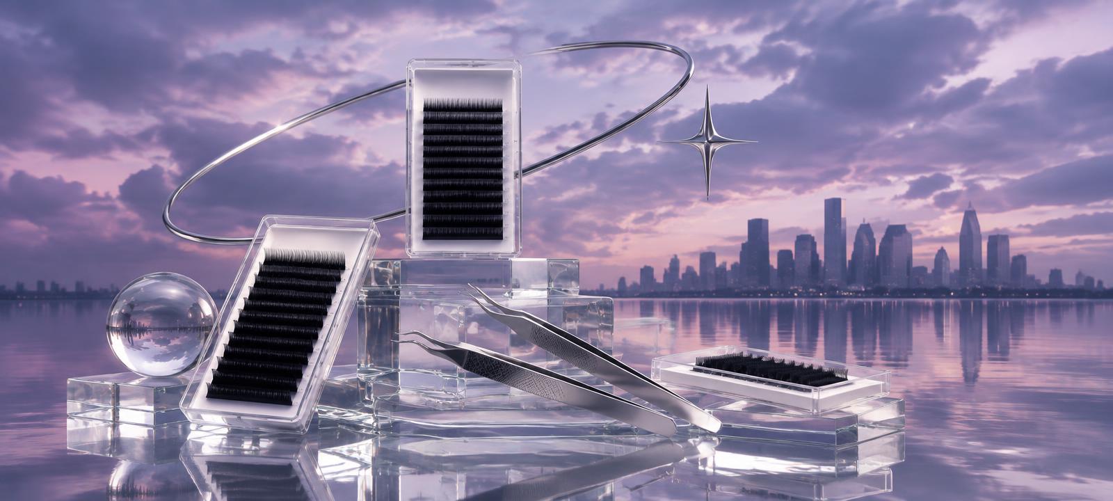 Lash trays and tweezers on glass blocks with a dusk skyline reflected in water