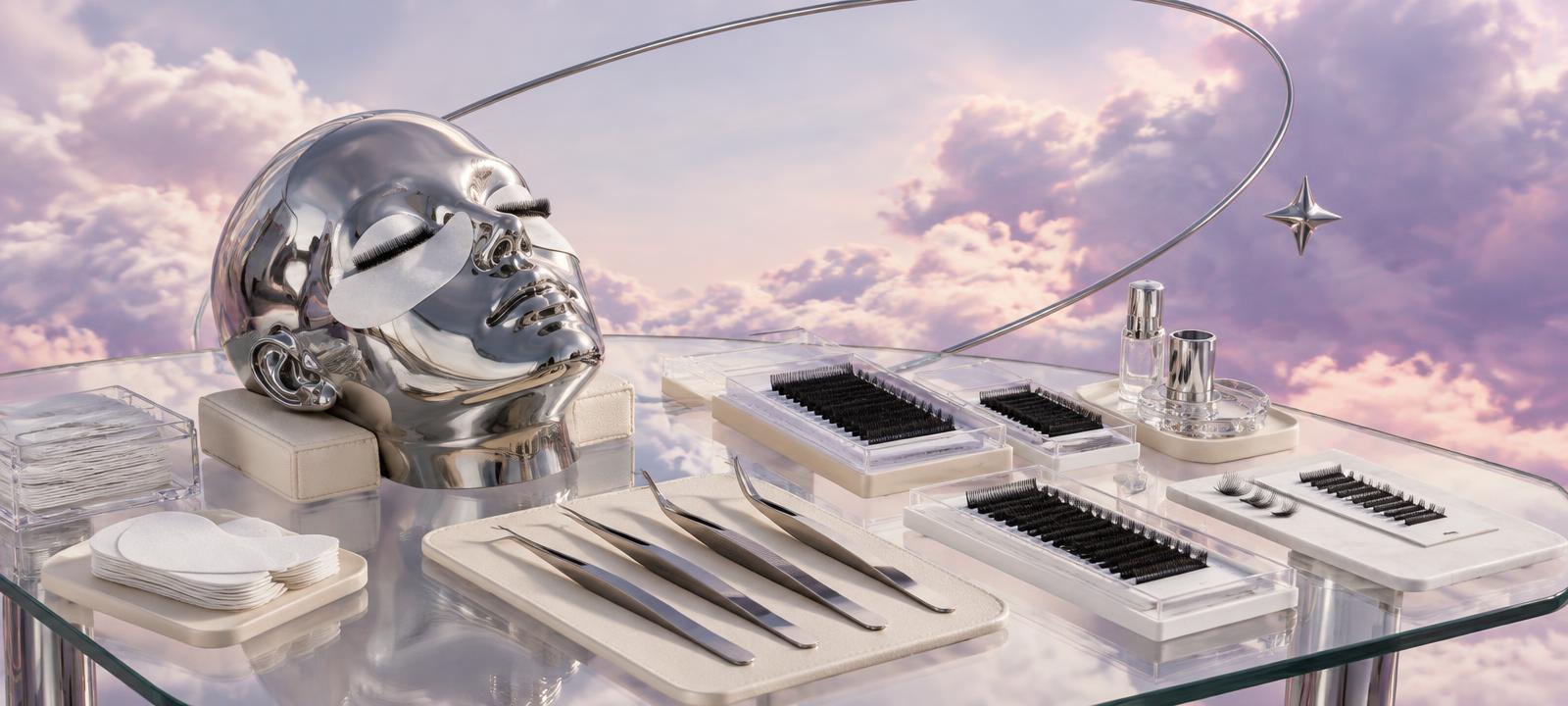 Chrome practice head with lash strips, tweezers and lash trays on a glass training station under lavender clouds