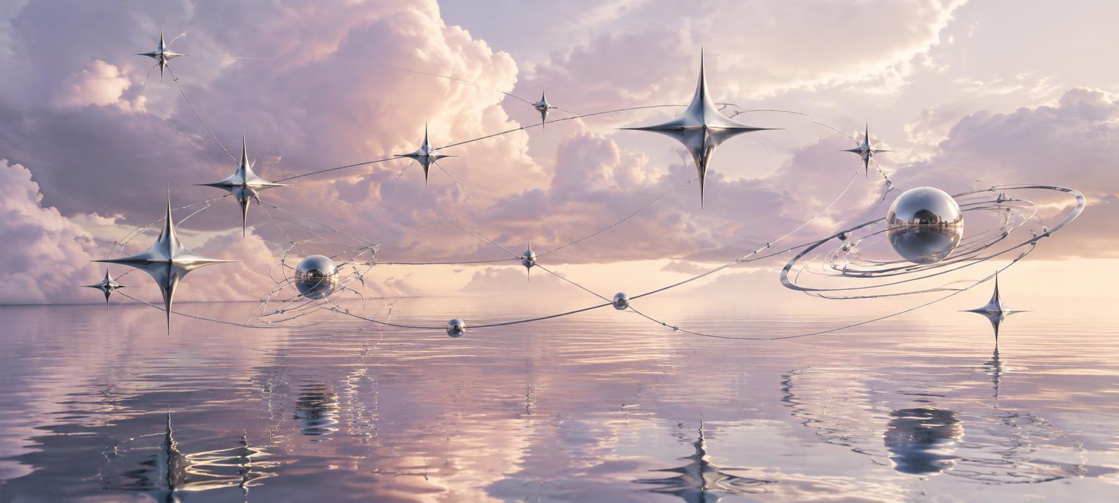 Chrome four-point stars and orbit rings connected by thin lines over reflective water under a lavender sky