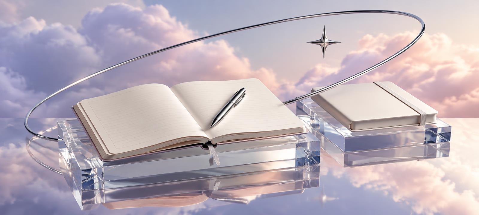 Open notebook and chrome pen on glass risers under lavender clouds with a chrome orbit ring and star