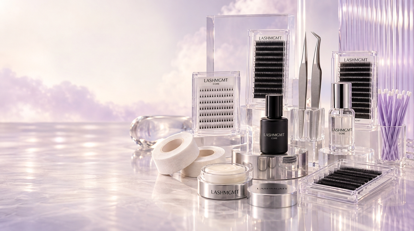 Professional lash supplies: an extension tray, fine tweezer, blank bottle, tape and micro applicators